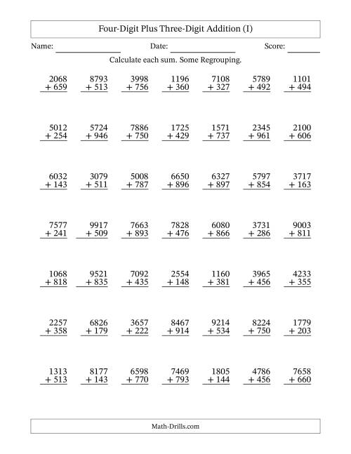 The Four-Digit Plus Three-Digit Addition With Some Regrouping – 49 Questions (I) Math Worksheet