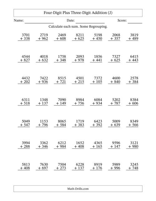 The Four-Digit Plus Three-Digit Addition With Some Regrouping – 49 Questions (J) Math Worksheet
