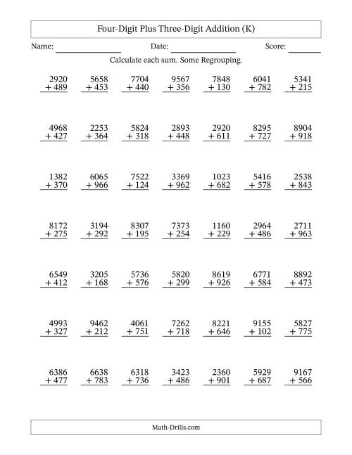 The Four-Digit Plus Three-Digit Addition With Some Regrouping – 49 Questions (K) Math Worksheet