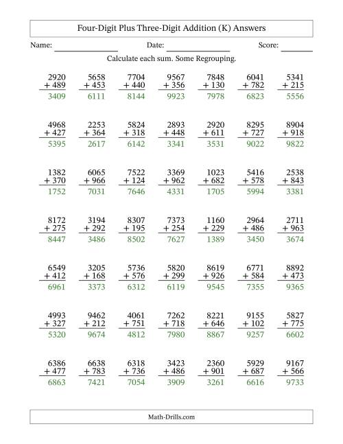 The Four-Digit Plus Three-Digit Addition With Some Regrouping – 49 Questions (K) Math Worksheet Page 2