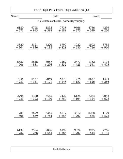 The Four-Digit Plus Three-Digit Addition With Some Regrouping – 49 Questions (L) Math Worksheet