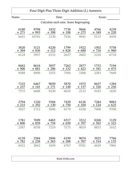 The Four-Digit Plus Three-Digit Addition With Some Regrouping – 49 Questions (L) Math Worksheet Page 2