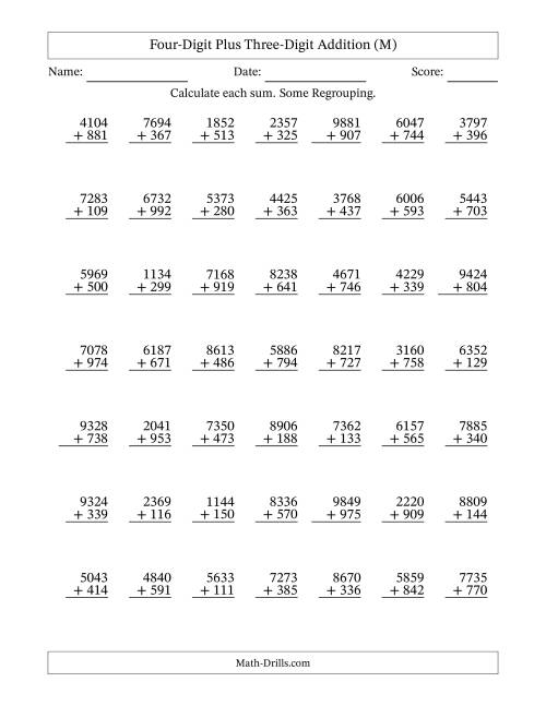 The Four-Digit Plus Three-Digit Addition With Some Regrouping – 49 Questions (M) Math Worksheet
