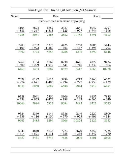 The Four-Digit Plus Three-Digit Addition With Some Regrouping – 49 Questions (M) Math Worksheet Page 2