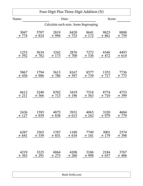 The Four-Digit Plus Three-Digit Addition With Some Regrouping – 49 Questions (N) Math Worksheet