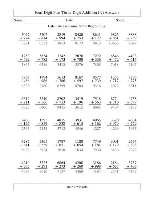The Four-Digit Plus Three-Digit Addition With Some Regrouping – 49 Questions (N) Math Worksheet Page 2