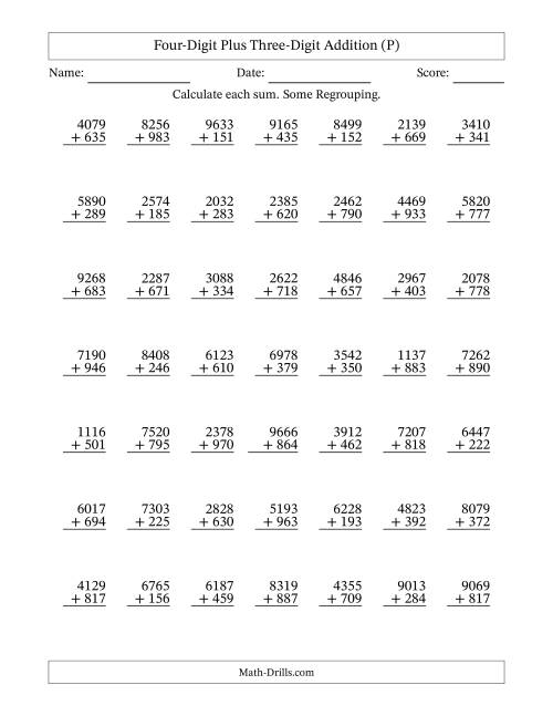 The Four-Digit Plus Three-Digit Addition With Some Regrouping – 49 Questions (P) Math Worksheet
