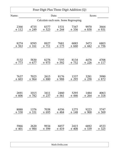 The Four-Digit Plus Three-Digit Addition With Some Regrouping – 49 Questions (Q) Math Worksheet