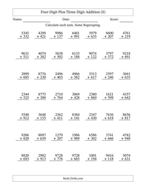 The Four-Digit Plus Three-Digit Addition With Some Regrouping – 49 Questions (S) Math Worksheet