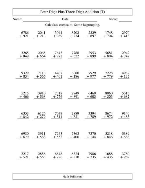 The Four-Digit Plus Three-Digit Addition With Some Regrouping – 49 Questions (T) Math Worksheet