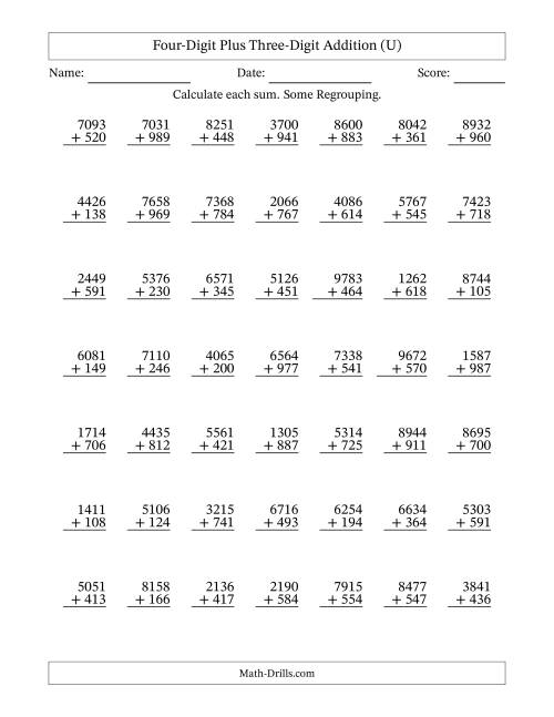 The Four-Digit Plus Three-Digit Addition With Some Regrouping – 49 Questions (U) Math Worksheet