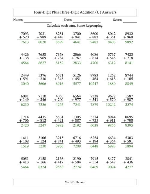 The Four-Digit Plus Three-Digit Addition With Some Regrouping – 49 Questions (U) Math Worksheet Page 2