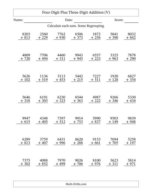The Four-Digit Plus Three-Digit Addition With Some Regrouping – 49 Questions (V) Math Worksheet