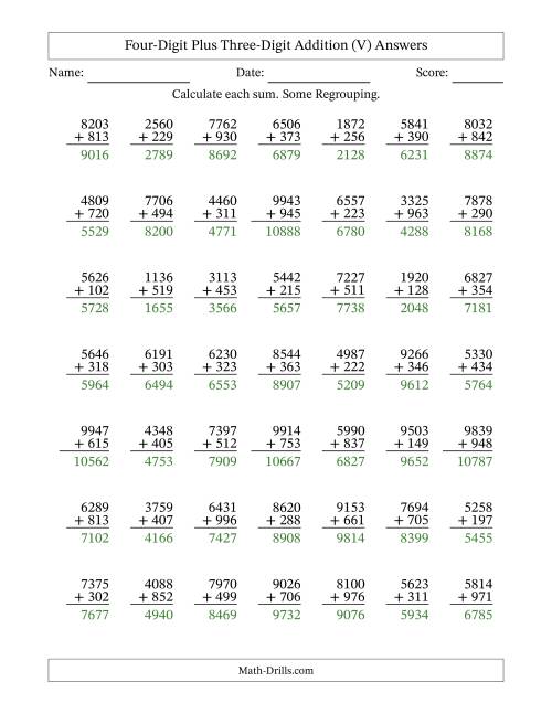 The Four-Digit Plus Three-Digit Addition With Some Regrouping – 49 Questions (V) Math Worksheet Page 2