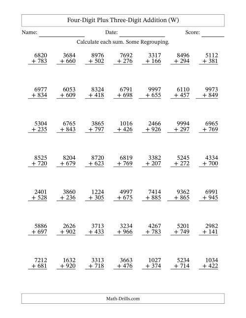 The Four-Digit Plus Three-Digit Addition With Some Regrouping – 49 Questions (W) Math Worksheet