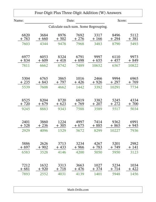 The Four-Digit Plus Three-Digit Addition With Some Regrouping – 49 Questions (W) Math Worksheet Page 2