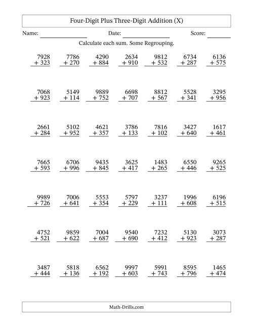 The Four-Digit Plus Three-Digit Addition With Some Regrouping – 49 Questions (X) Math Worksheet