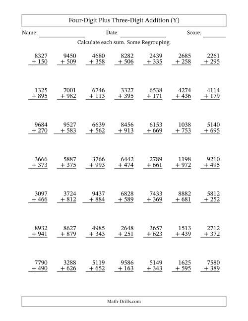 The Four-Digit Plus Three-Digit Addition With Some Regrouping – 49 Questions (Y) Math Worksheet