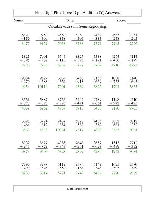 The Four-Digit Plus Three-Digit Addition With Some Regrouping – 49 Questions (Y) Math Worksheet Page 2