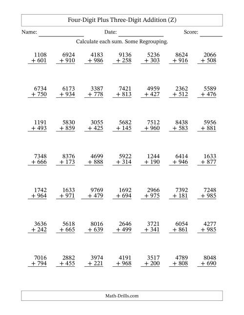 The Four-Digit Plus Three-Digit Addition With Some Regrouping – 49 Questions (Z) Math Worksheet