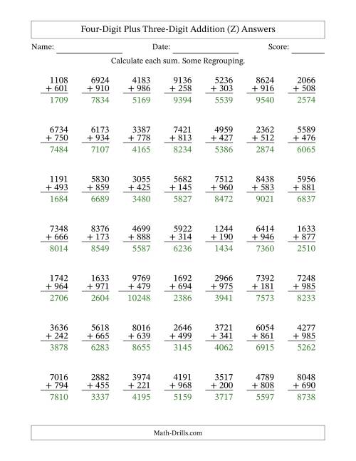 The Four-Digit Plus Three-Digit Addition With Some Regrouping – 49 Questions (Z) Math Worksheet Page 2