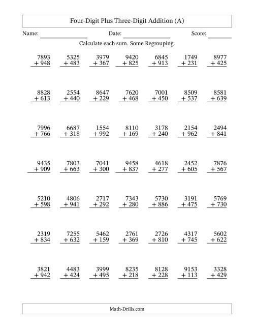The Four-Digit Plus Three-Digit Addition With Some Regrouping – 49 Questions (All) Math Worksheet