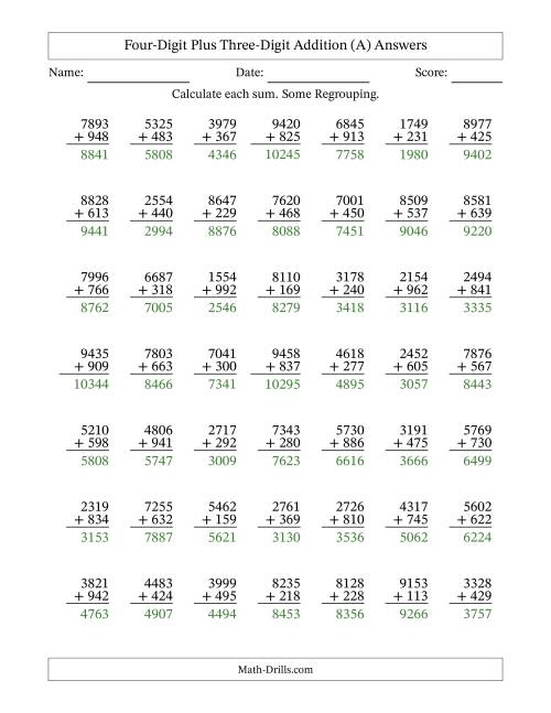 The Four-Digit Plus Three-Digit Addition With Some Regrouping – 49 Questions (All) Math Worksheet Page 2