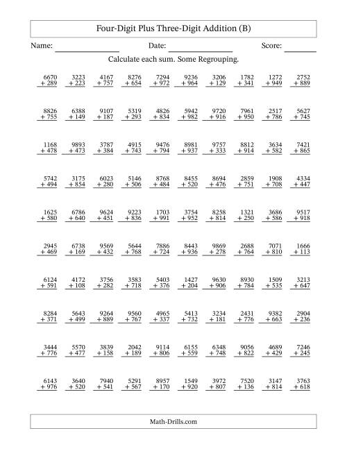 The Four-Digit Plus Three-Digit Addition With Some Regrouping – 100 Questions (B) Math Worksheet
