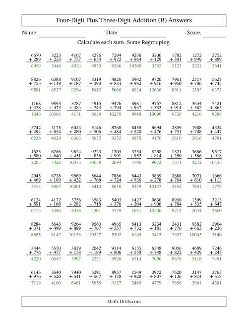 The Four-Digit Plus Three-Digit Addition With Some Regrouping – 100 Questions (B) Math Worksheet Page 2