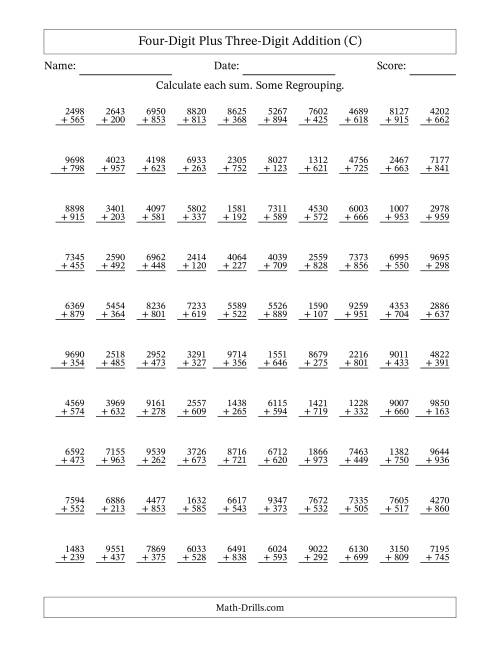 The Four-Digit Plus Three-Digit Addition With Some Regrouping – 100 Questions (C) Math Worksheet