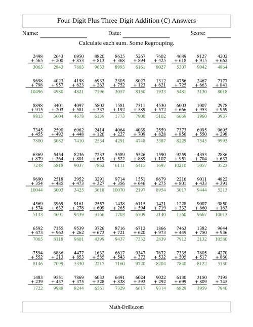 The Four-Digit Plus Three-Digit Addition With Some Regrouping – 100 Questions (C) Math Worksheet Page 2