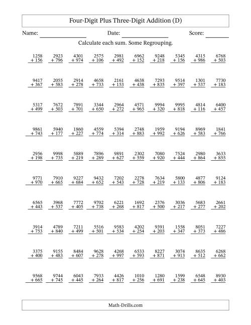 The Four-Digit Plus Three-Digit Addition With Some Regrouping – 100 Questions (D) Math Worksheet