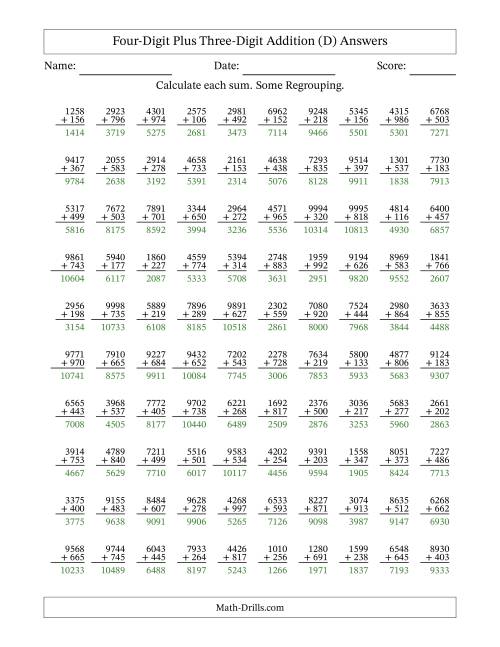 The Four-Digit Plus Three-Digit Addition With Some Regrouping – 100 Questions (D) Math Worksheet Page 2