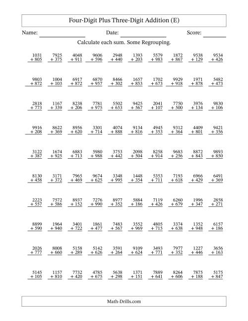 The Four-Digit Plus Three-Digit Addition With Some Regrouping – 100 Questions (E) Math Worksheet