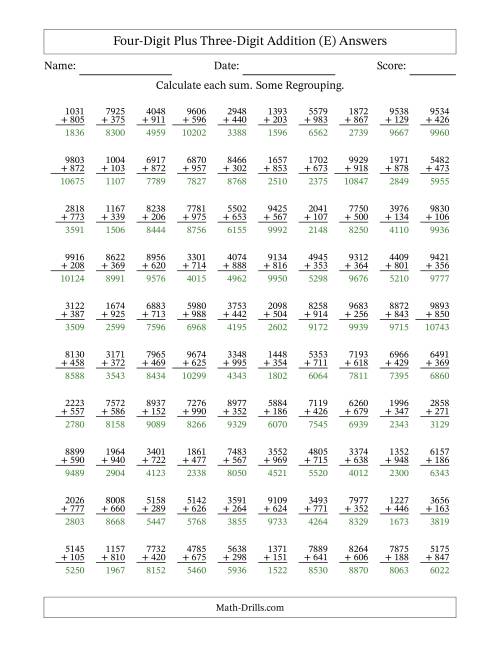 The Four-Digit Plus Three-Digit Addition With Some Regrouping – 100 Questions (E) Math Worksheet Page 2