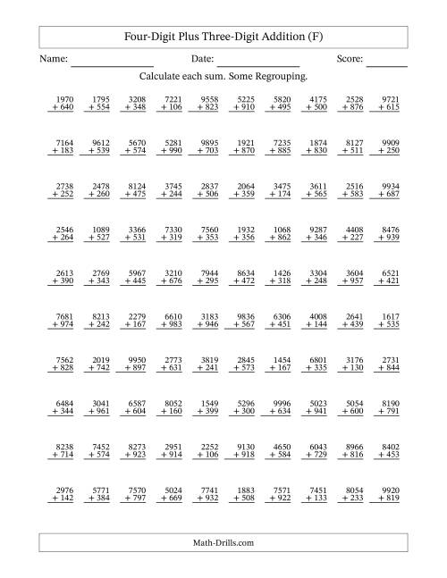 The Four-Digit Plus Three-Digit Addition With Some Regrouping – 100 Questions (F) Math Worksheet