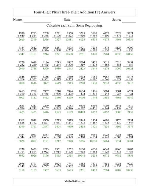 The Four-Digit Plus Three-Digit Addition With Some Regrouping – 100 Questions (F) Math Worksheet Page 2