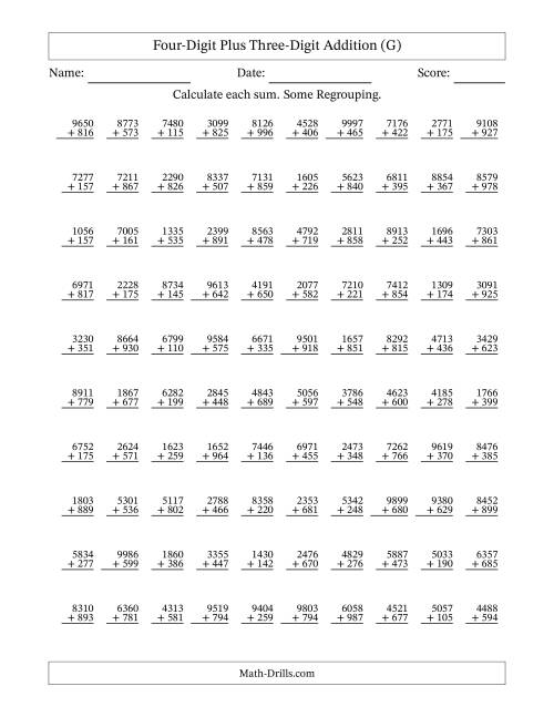 The Four-Digit Plus Three-Digit Addition With Some Regrouping – 100 Questions (G) Math Worksheet
