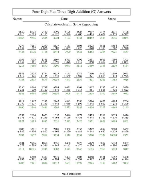 The Four-Digit Plus Three-Digit Addition With Some Regrouping – 100 Questions (G) Math Worksheet Page 2