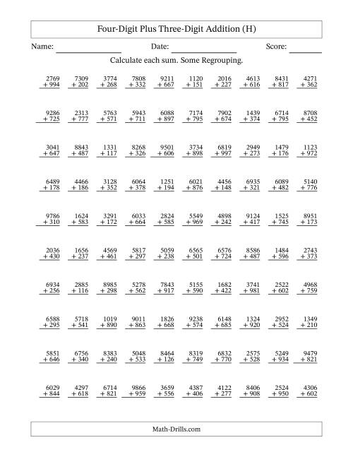 The Four-Digit Plus Three-Digit Addition With Some Regrouping – 100 Questions (H) Math Worksheet