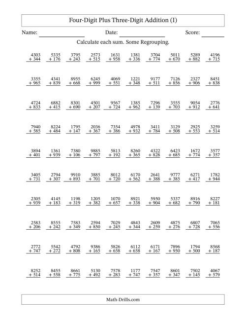 The Four-Digit Plus Three-Digit Addition With Some Regrouping – 100 Questions (I) Math Worksheet