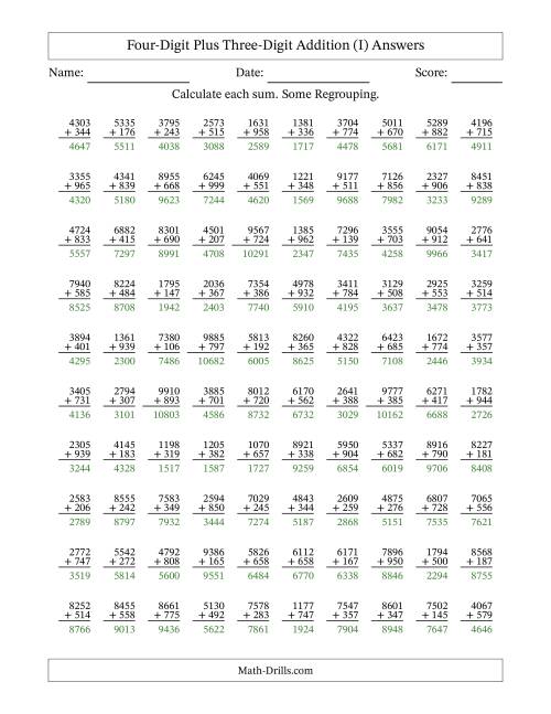 The Four-Digit Plus Three-Digit Addition With Some Regrouping – 100 Questions (I) Math Worksheet Page 2
