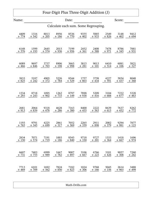 The Four-Digit Plus Three-Digit Addition With Some Regrouping – 100 Questions (J) Math Worksheet