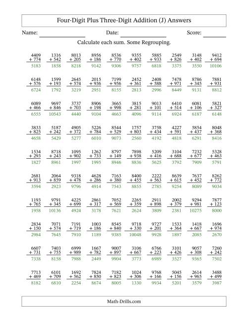 The Four-Digit Plus Three-Digit Addition With Some Regrouping – 100 Questions (J) Math Worksheet Page 2