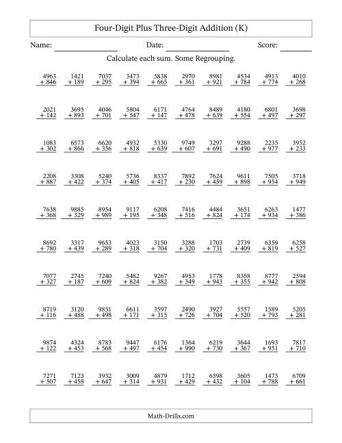 The Four-Digit Plus Three-Digit Addition With Some Regrouping – 100 Questions (K) Math Worksheet