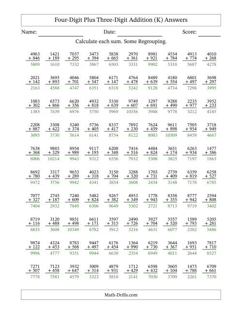 The Four-Digit Plus Three-Digit Addition With Some Regrouping – 100 Questions (K) Math Worksheet Page 2