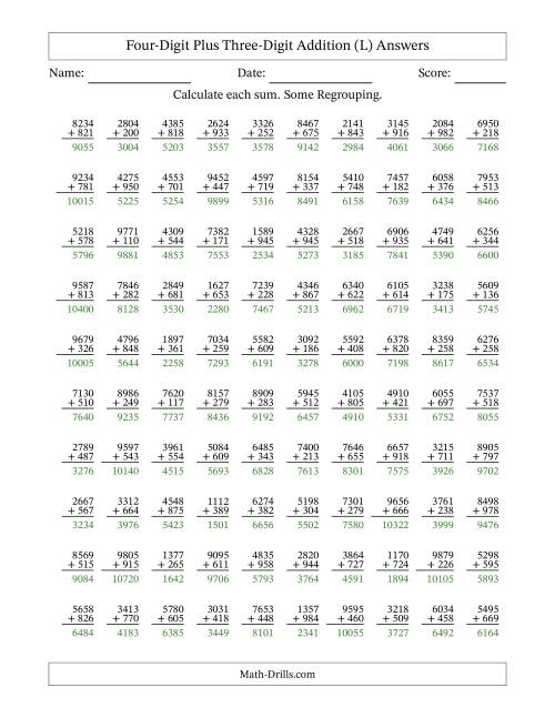 The Four-Digit Plus Three-Digit Addition With Some Regrouping – 100 Questions (L) Math Worksheet Page 2