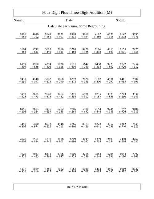 The Four-Digit Plus Three-Digit Addition With Some Regrouping – 100 Questions (M) Math Worksheet