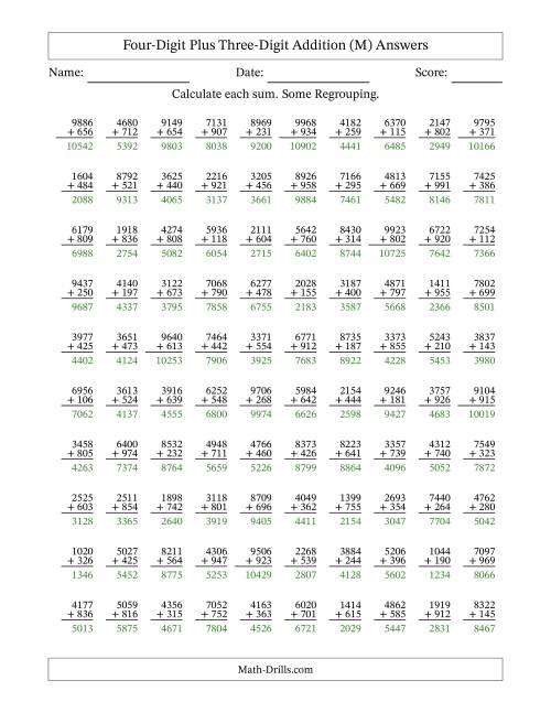 The Four-Digit Plus Three-Digit Addition With Some Regrouping – 100 Questions (M) Math Worksheet Page 2
