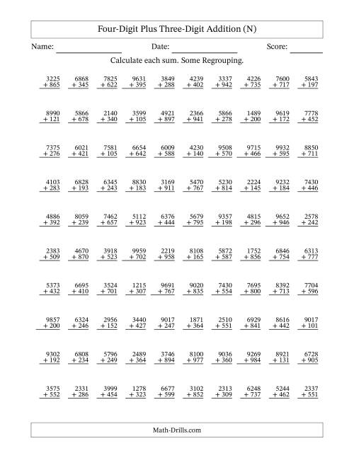 The Four-Digit Plus Three-Digit Addition With Some Regrouping – 100 Questions (N) Math Worksheet